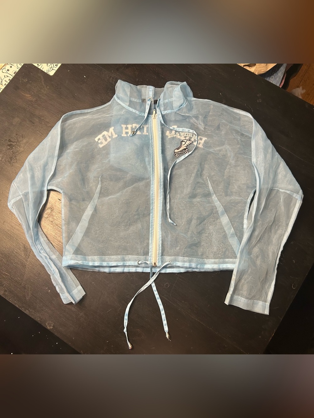 Women’s Forever 21 Sheer Light Blue Zip Jacket with Drawstring Size Large